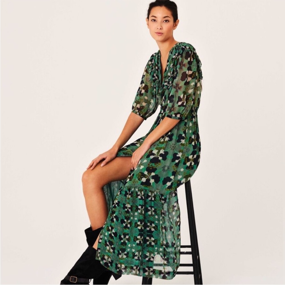 BA&SH - Green Button-front Floral V-Neck Dress - Sz M